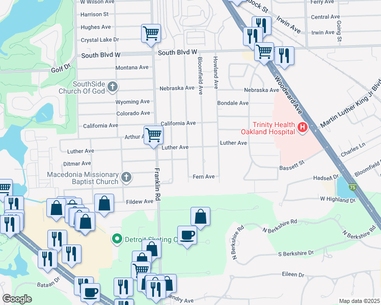 map of restaurants, bars, coffee shops, grocery stores, and more near 591 Highland Avenue in Pontiac