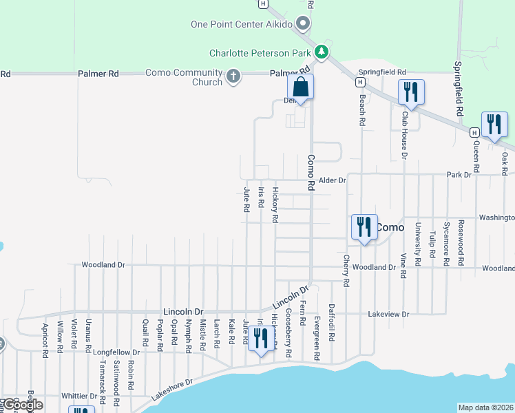 map of restaurants, bars, coffee shops, grocery stores, and more near N3344 Jute Road in Lake Geneva
