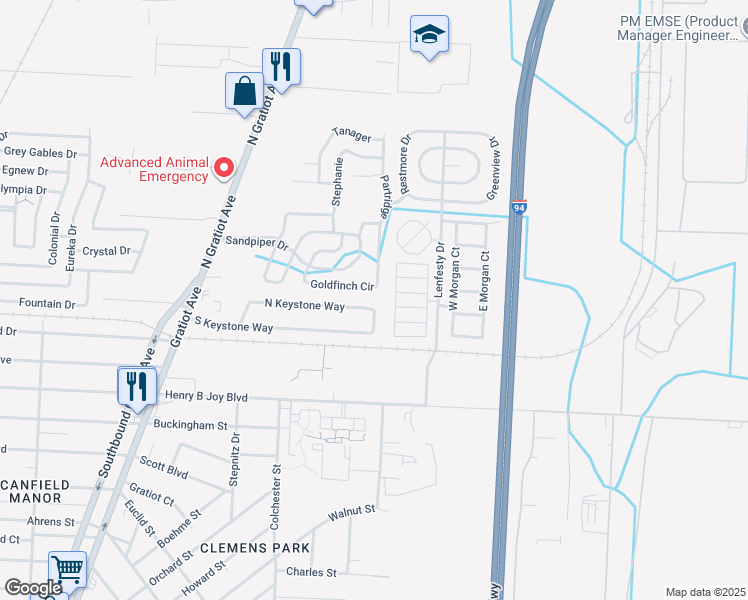 map of restaurants, bars, coffee shops, grocery stores, and more near 23829 North Keystone Way in Clinton Township