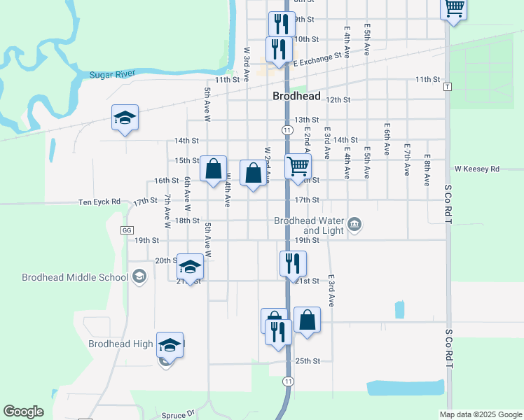 map of restaurants, bars, coffee shops, grocery stores, and more near 1002 West 2nd Avenue in Brodhead