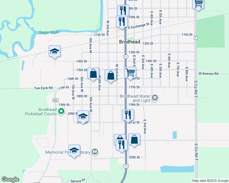 map of restaurants, bars, coffee shops, grocery stores, and more near 1002 West 2nd Avenue in Brodhead