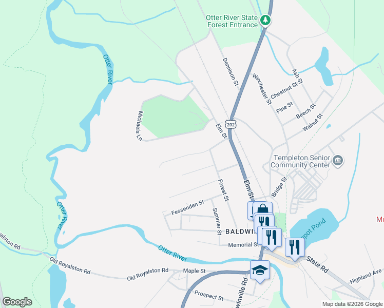 map of restaurants, bars, coffee shops, grocery stores, and more near 33 Fisher Street in Templeton
