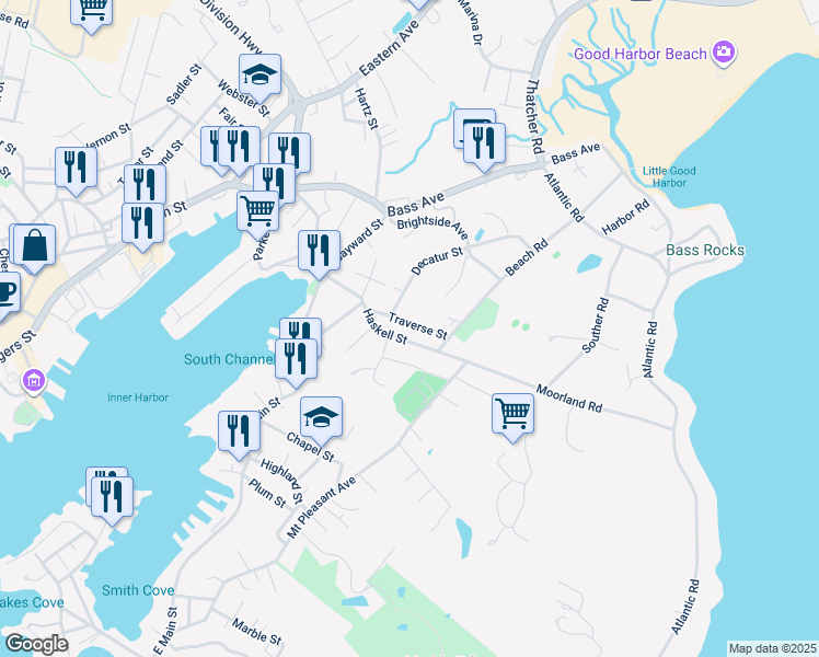 map of restaurants, bars, coffee shops, grocery stores, and more near 20 Traverse Street in Gloucester