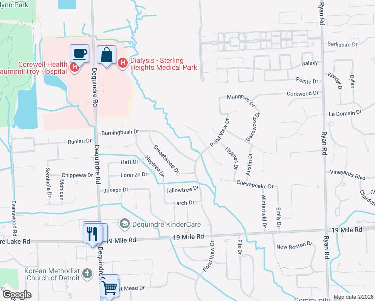 map of restaurants, bars, coffee shops, grocery stores, and more near 2801 Burningbush Drive in Sterling Heights
