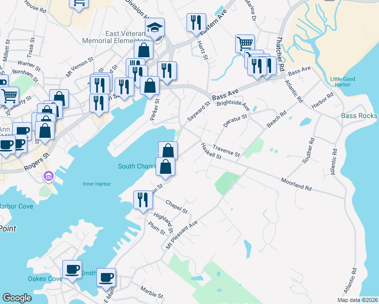 map of restaurants, bars, coffee shops, grocery stores, and more near 15 Hammond Street in Gloucester
