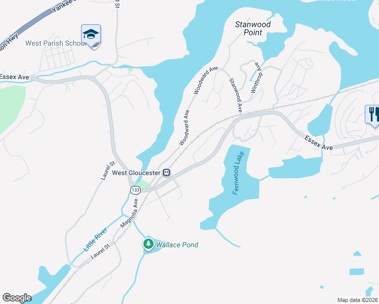 map of restaurants, bars, coffee shops, grocery stores, and more near 35 Woodward Avenue in Gloucester