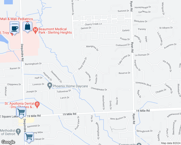map of restaurants, bars, coffee shops, grocery stores, and more near 3234 Lake Forest Drive in Sterling Heights