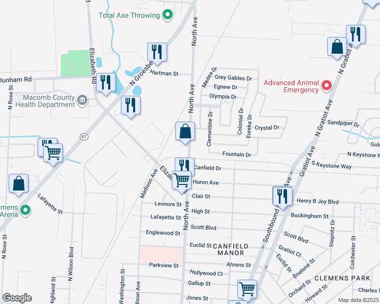 map of restaurants, bars, coffee shops, grocery stores, and more near 43292 North Avenue in Macomb County