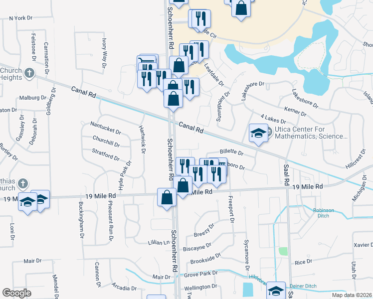 map of restaurants, bars, coffee shops, grocery stores, and more near 43492 Pendleton Circle in Sterling Heights
