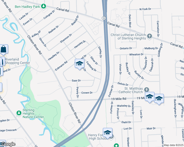 map of restaurants, bars, coffee shops, grocery stores, and more near 11470 Farthing Drive in Sterling Heights