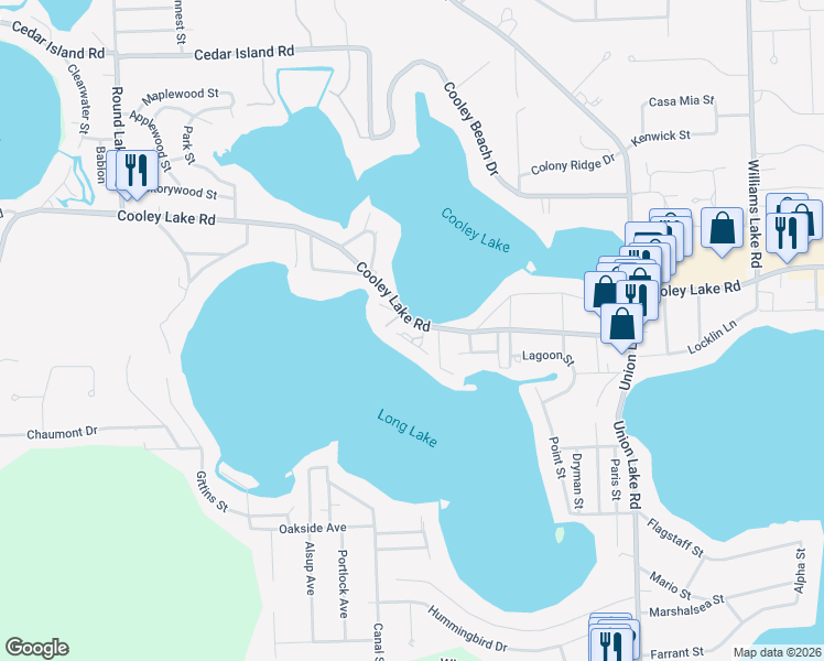 map of restaurants, bars, coffee shops, grocery stores, and more near 8665 Cooley Lake Road in Commerce Charter Township