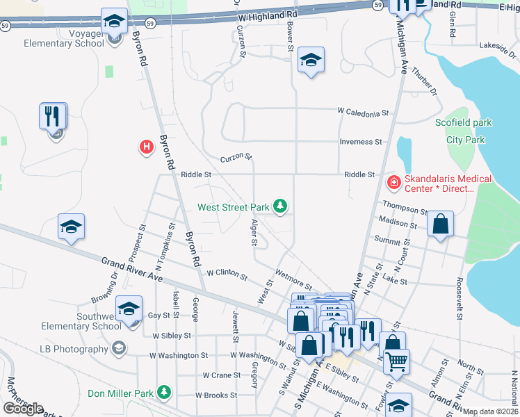 map of restaurants, bars, coffee shops, grocery stores, and more near 803 Alger Street in Howell