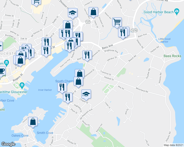 map of restaurants, bars, coffee shops, grocery stores, and more near 15 Hammond Street in Gloucester