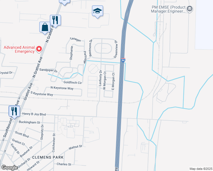 map of restaurants, bars, coffee shops, grocery stores, and more near 24659 Bradford Drive in Harrison Township