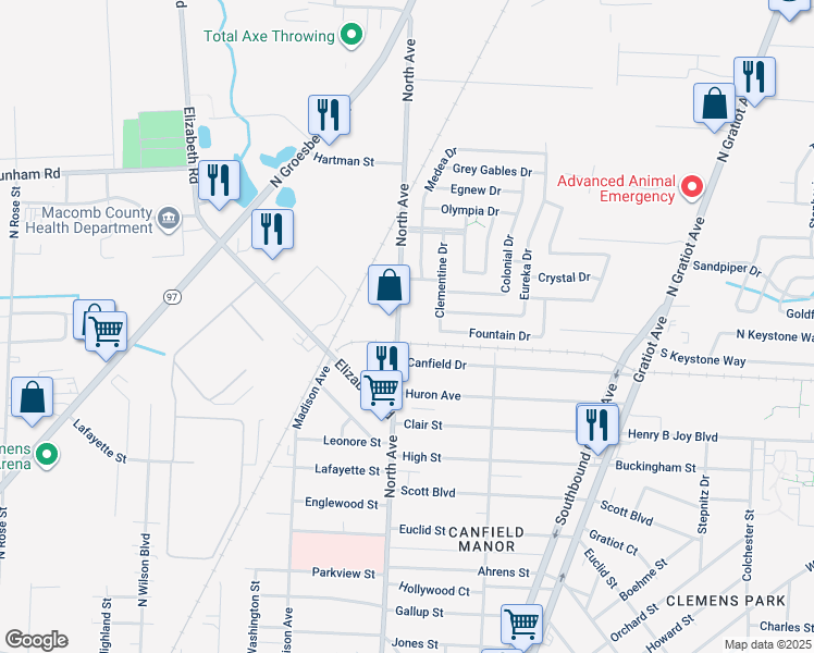 map of restaurants, bars, coffee shops, grocery stores, and more near 43292 North Avenue in Clinton Township