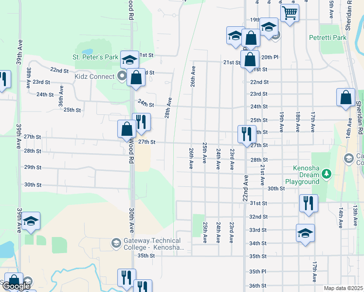 map of restaurants, bars, coffee shops, grocery stores, and more near 2617 27th Street in Kenosha
