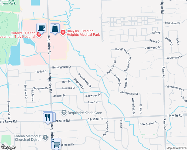 map of restaurants, bars, coffee shops, grocery stores, and more near 2801 Burningbush Drive in Sterling Heights