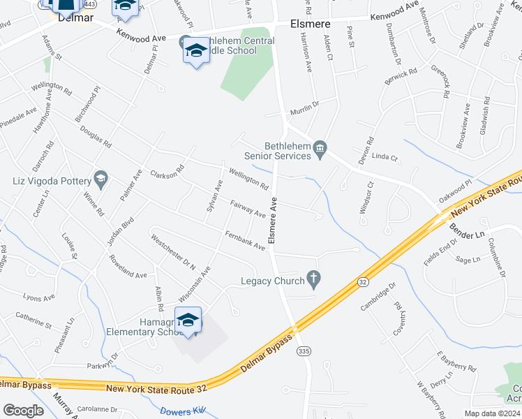 map of restaurants, bars, coffee shops, grocery stores, and more near 9 Fairway Avenue in Delmar