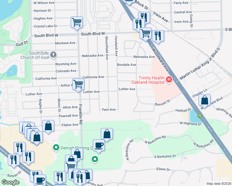 map of restaurants, bars, coffee shops, grocery stores, and more near 584 Howland Avenue in Pontiac