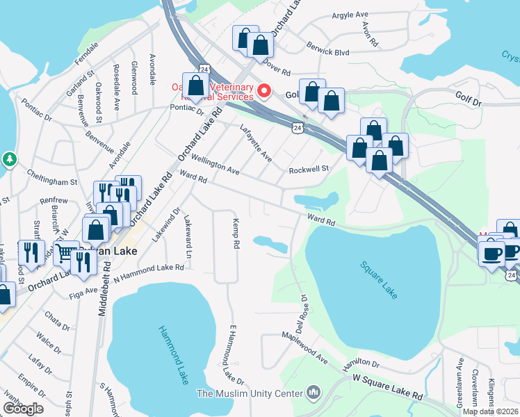 map of restaurants, bars, coffee shops, grocery stores, and more near 1765 Ward Road in Oakland County