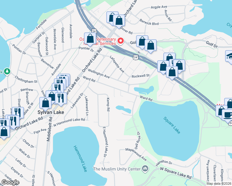 map of restaurants, bars, coffee shops, grocery stores, and more near 1765 Ward Road in Bloomfield Township