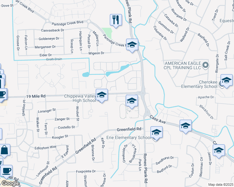 map of restaurants, bars, coffee shops, grocery stores, and more near 18233 19 Mile Road in Macomb County