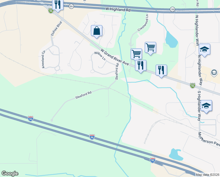 map of restaurants, bars, coffee shops, grocery stores, and more near 980 Sleaford Road in Howell