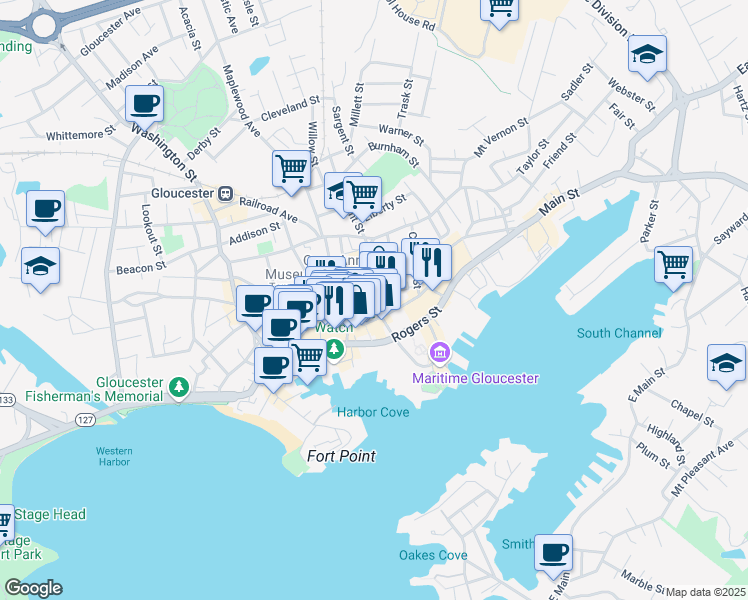 map of restaurants, bars, coffee shops, grocery stores, and more near 20 Pleasant Street in Gloucester