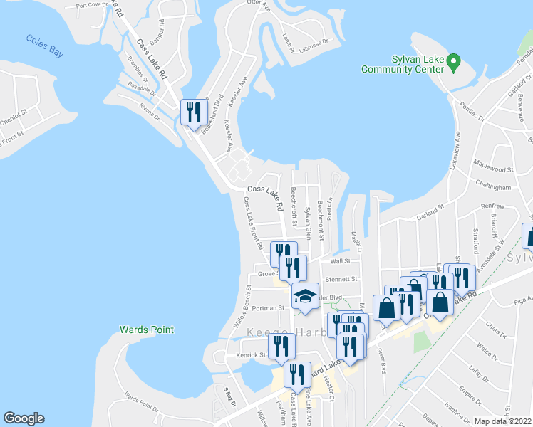 map of restaurants, bars, coffee shops, grocery stores, and more near 1763 Cass Lake Front Road in Keego Harbor