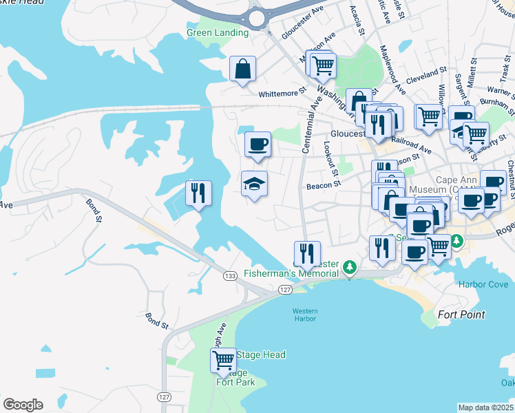 map of restaurants, bars, coffee shops, grocery stores, and more near 32 Leslie O Johnson Road in Gloucester