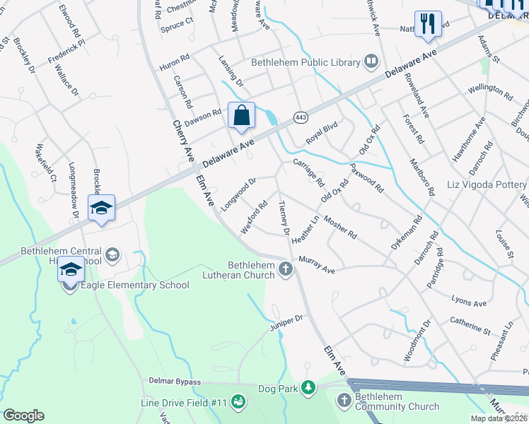 map of restaurants, bars, coffee shops, grocery stores, and more near 27 Wexford Road in Delmar
