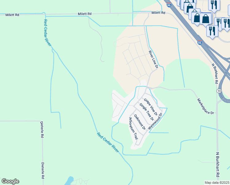 map of restaurants, bars, coffee shops, grocery stores, and more near 5484 Spring Creek Drive in Fowlerville