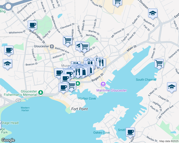 map of restaurants, bars, coffee shops, grocery stores, and more near 20 Pleasant Street in Gloucester