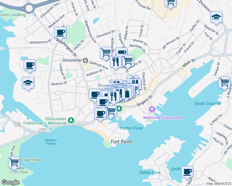 map of restaurants, bars, coffee shops, grocery stores, and more near 140 Main Street in Gloucester