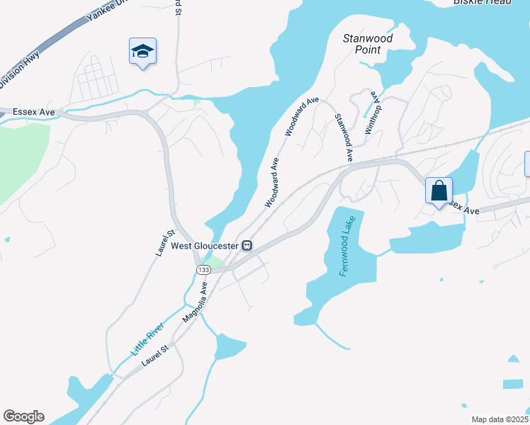 map of restaurants, bars, coffee shops, grocery stores, and more near 35 Woodward Avenue in Gloucester