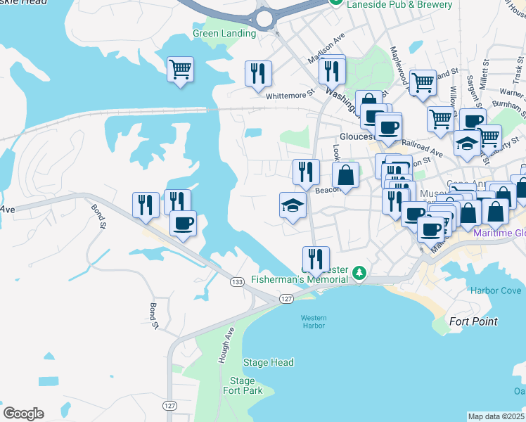map of restaurants, bars, coffee shops, grocery stores, and more near 32 Leslie O Johnson Road in Gloucester