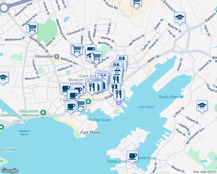 map of restaurants, bars, coffee shops, grocery stores, and more near 208 Main Street in Gloucester