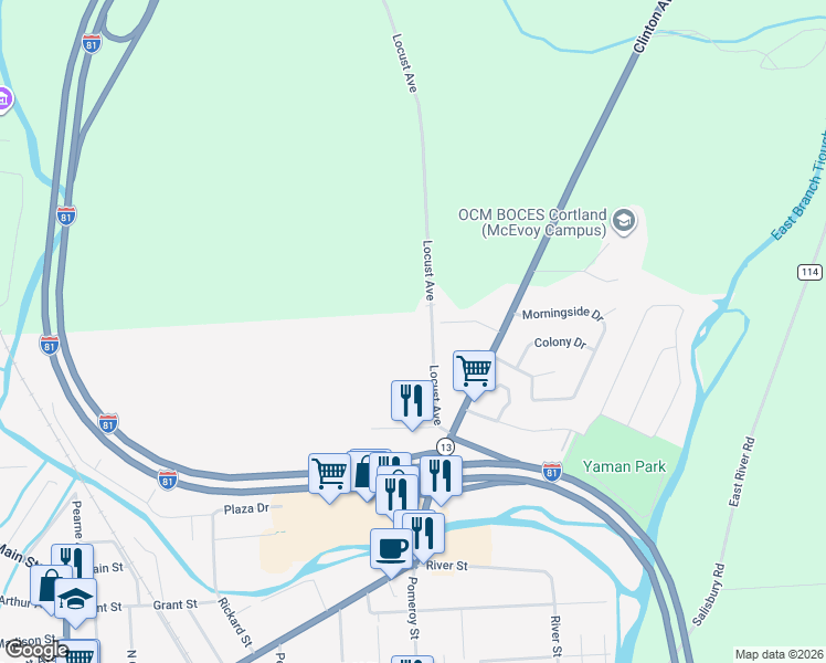 map of restaurants, bars, coffee shops, grocery stores, and more near 18 Locust Avenue in Cortland