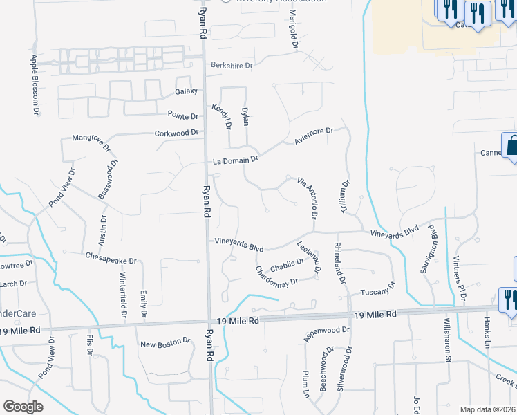 map of restaurants, bars, coffee shops, grocery stores, and more near 43855 Pinot Noir Drive in Sterling Heights