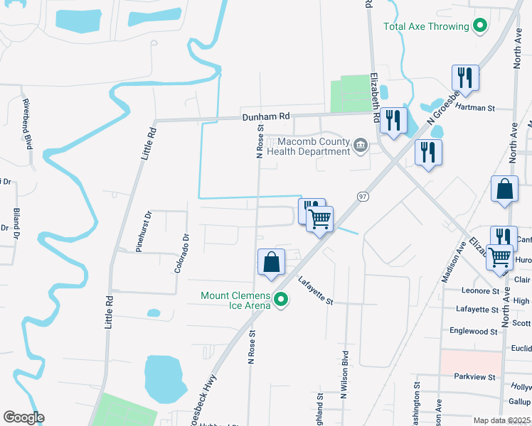 map of restaurants, bars, coffee shops, grocery stores, and more near 221 North Christine Circle in Mount Clemens