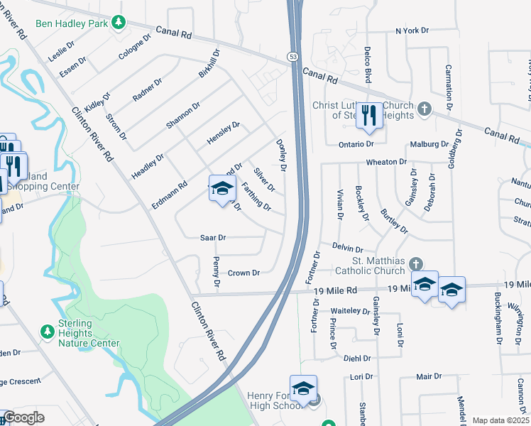 map of restaurants, bars, coffee shops, grocery stores, and more near 11470 Farthing Drive in Sterling Heights