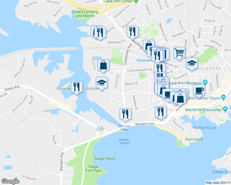 map of restaurants, bars, coffee shops, grocery stores, and more near 35 Blynman Avenue in Gloucester