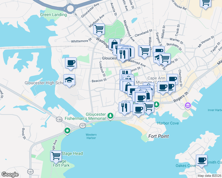 map of restaurants, bars, coffee shops, grocery stores, and more near Granite Street in Gloucester