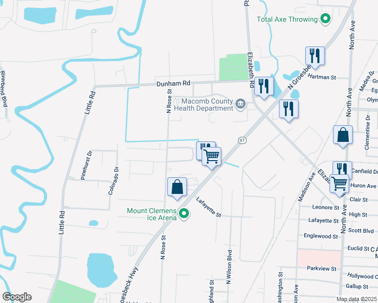 map of restaurants, bars, coffee shops, grocery stores, and more near 187 North Christine Circle in Mount Clemens