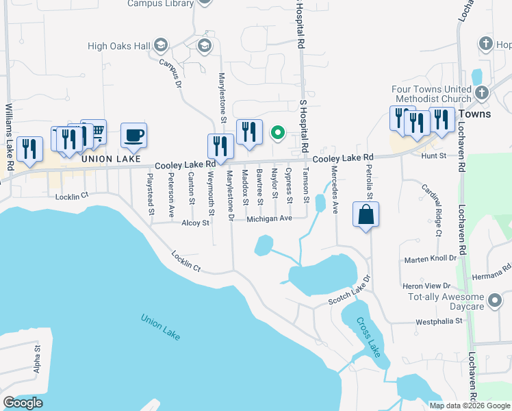 map of restaurants, bars, coffee shops, grocery stores, and more near 1651 Maddox Street in West Bloomfield Township