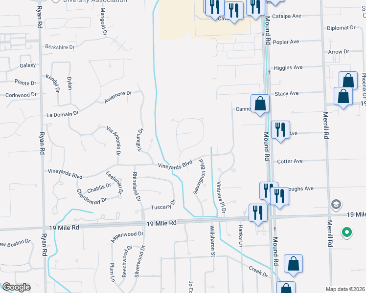 map of restaurants, bars, coffee shops, grocery stores, and more near 43628 Fallen Tree Drive in Sterling Heights