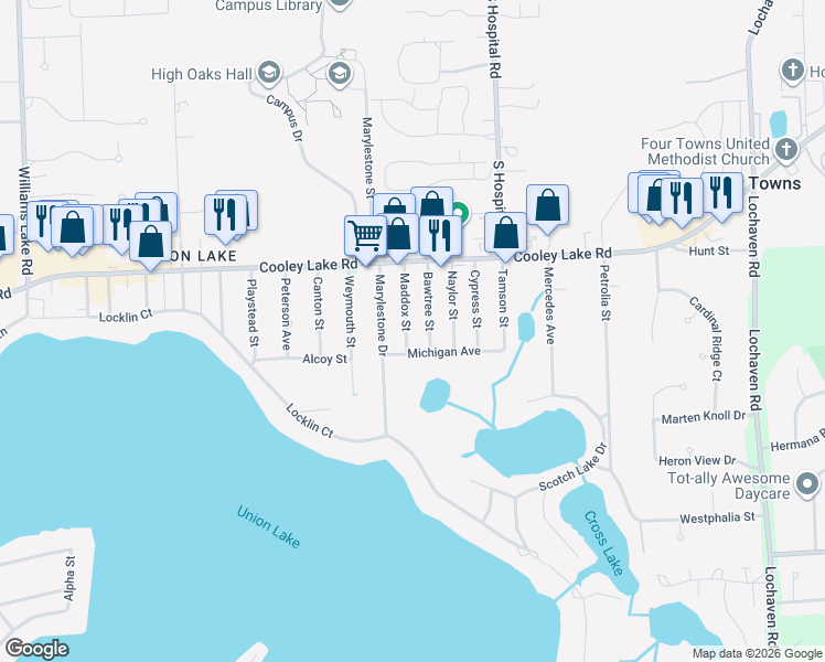 map of restaurants, bars, coffee shops, grocery stores, and more near 1651 Maddox Street in West Bloomfield Township