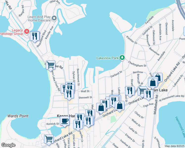map of restaurants, bars, coffee shops, grocery stores, and more near 1649 Maddy Ln in Keego Harbor