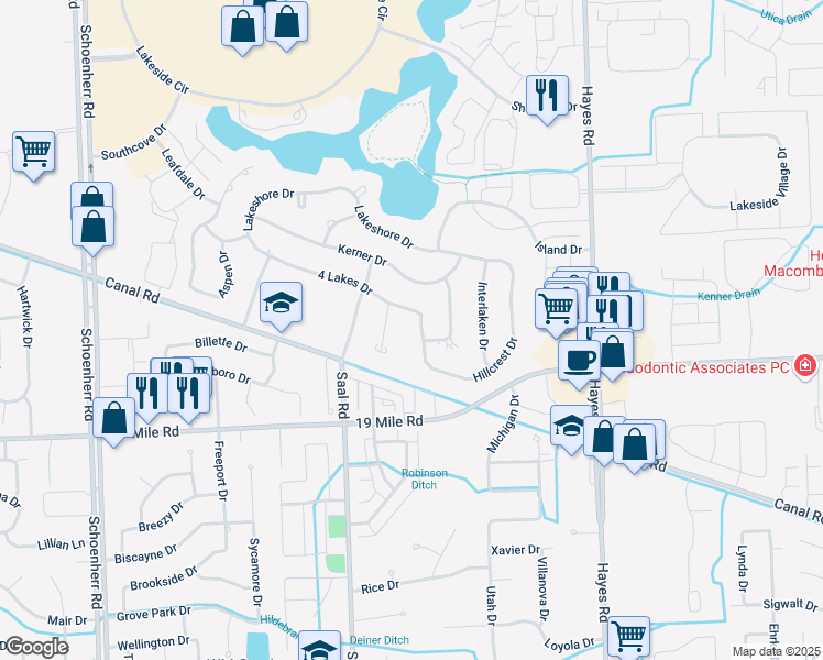 map of restaurants, bars, coffee shops, grocery stores, and more near 14536 4 Lakes Dr in Sterling Heights