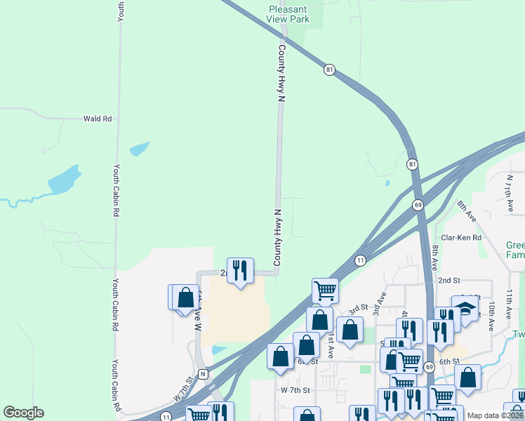 map of restaurants, bars, coffee shops, grocery stores, and more near 2967 County Highway North in Monroe